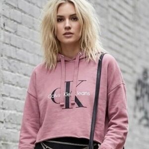 Calvin Klein Jeans CK Logo Cropped Hoodie L Dusty Rose Raw Hem Y2K Streetwear